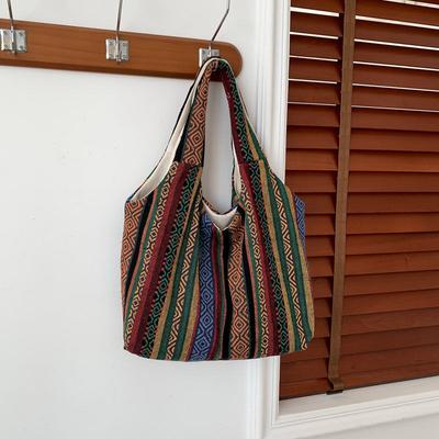 Personalized Flow Canvas Rainbow Stripe Women's Bag Ethnic Style Western Style Large Capacity Handheld Underarm Shoulder Bag for Women