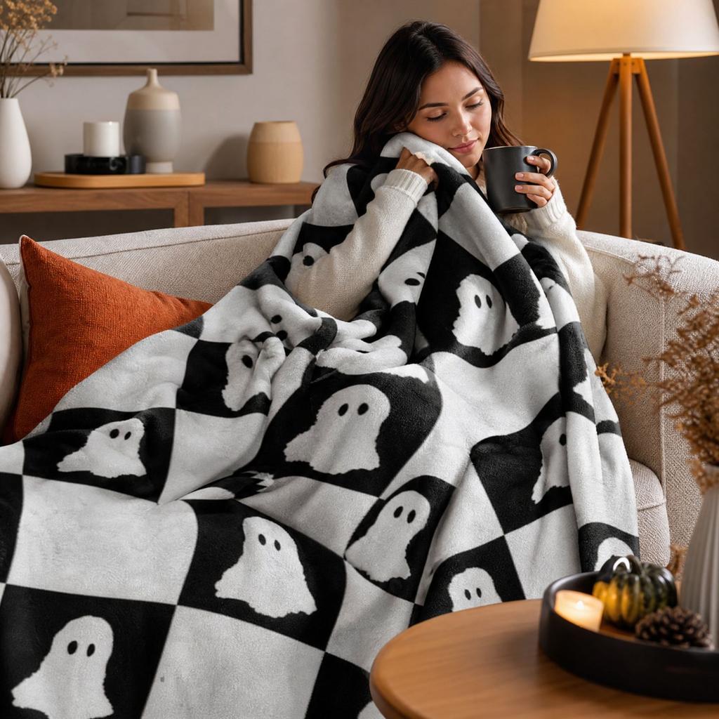 Scary Halloween Flannel Blanket, Cozy Soft Throw for Couch and Bed, Holiday Decor
