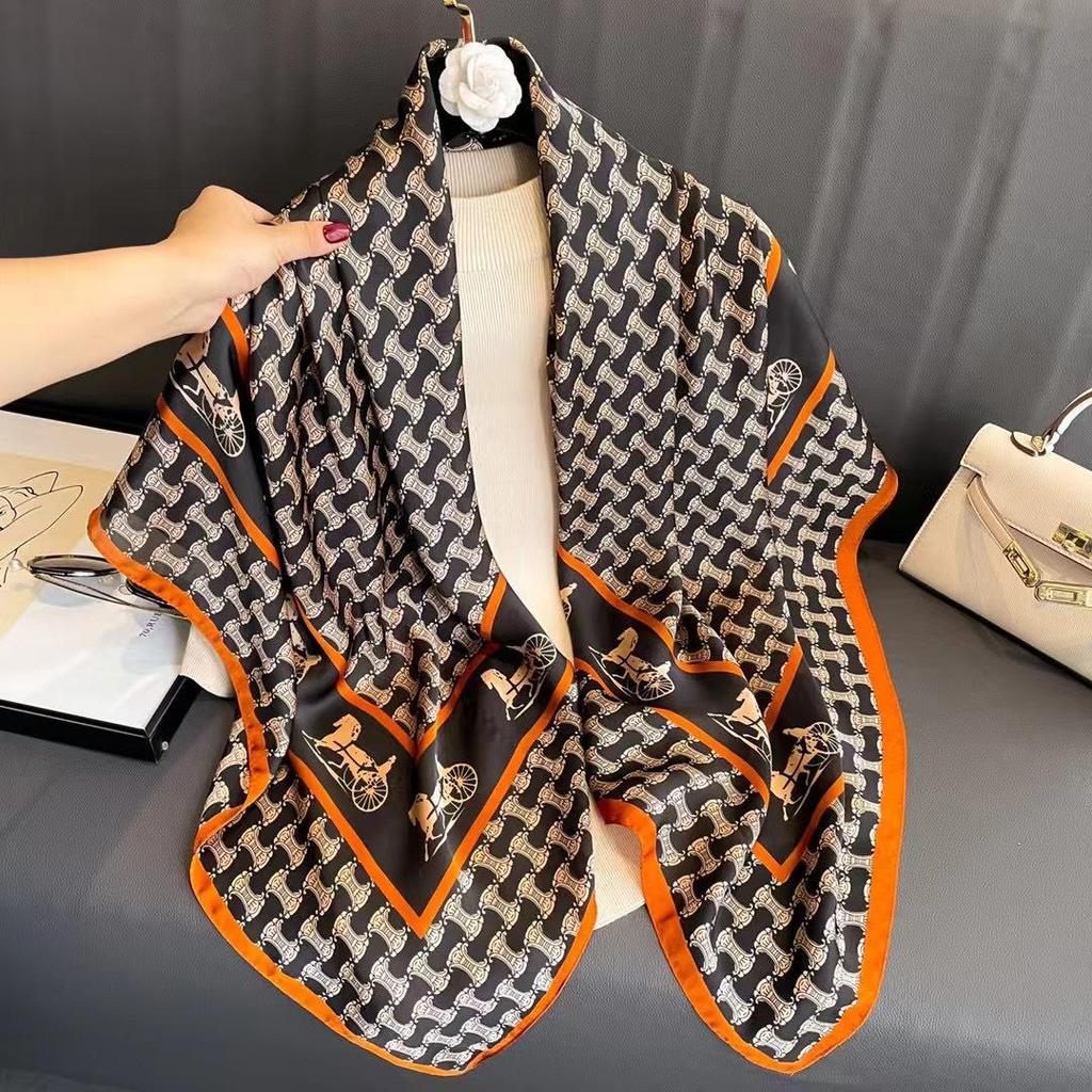 110cm Versatile Women’s Imitation Silk Scarf - Large, Printed, Decorative, Sunscreen Shawl