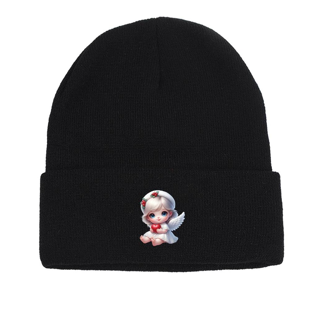 Little Angel Red Heart Print Knit Cap Beanie, Woman Cap Autumn Elastic Simple Bonnet Knitted Hat Beanie