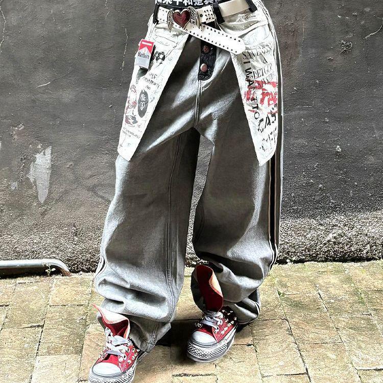 American Retro Street Style Women's Summer Jeans with Inside-Out Design and Large Pockets