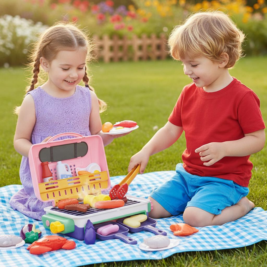 Kids Simulated Barbecue BBQ Grill Playset with Spray Light and Sound Pretend Play Kitchen Cooking Toy BBQ Educational Toys