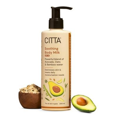 CITTA Yatıştırıcı Vücut Sütü Erkekler & Kadınlar İçin | Derin Nemlendirme & SPF | Yağsız | Avokado, Yulaf & Bambu Suyu Karışımı | 200 ml