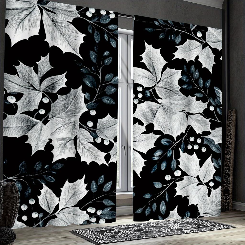2pc Natural plant pattern curtains, polyester fabric, machine washable, suitable for bedroom and living room decoration