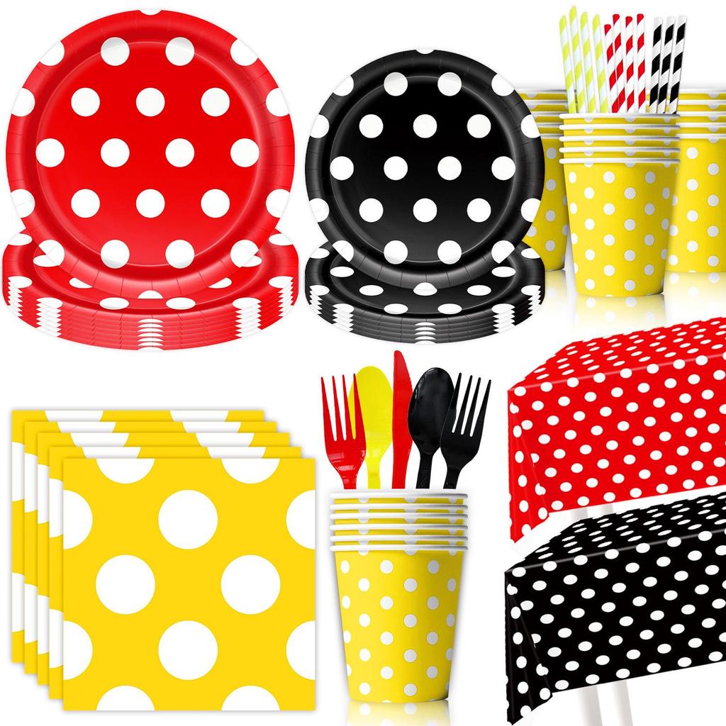 Cartoon Birthday Party Tableware Set: Black, Red, Yellow Polka Dot Plates & Napkins