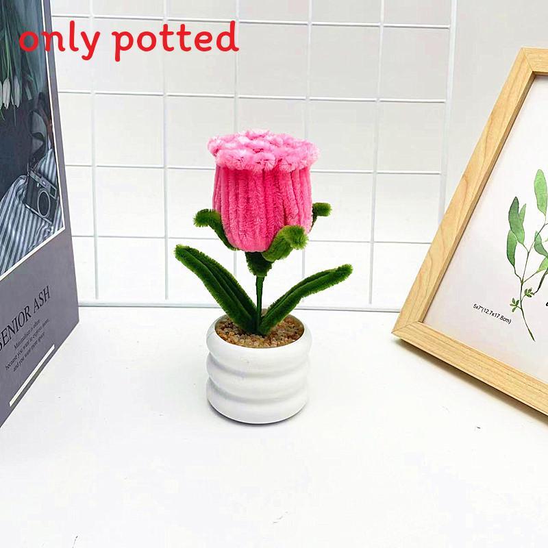 Multi Colored Plush Twisted Rod Rose Potted Desktop Decoration Ornament For Office Decor