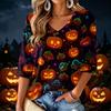 Women's V-Neck Halloween Print Lightweight Blouse for Spring and Summer