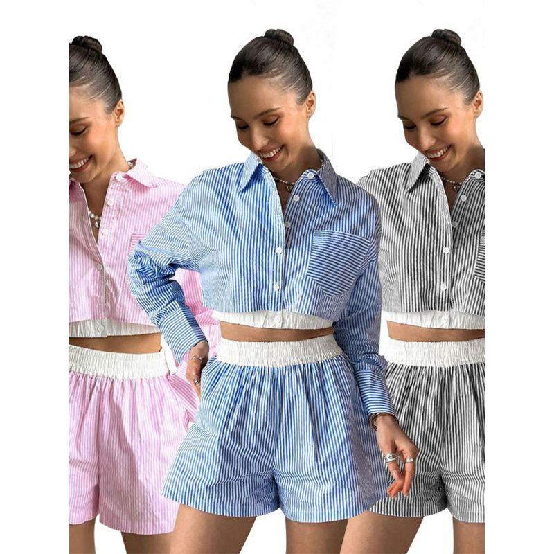Cross-Border European and American Stripe Short Shirt Long sleeve Women two-piece Fashion Casual Elastic Waist Shorts Set Suit