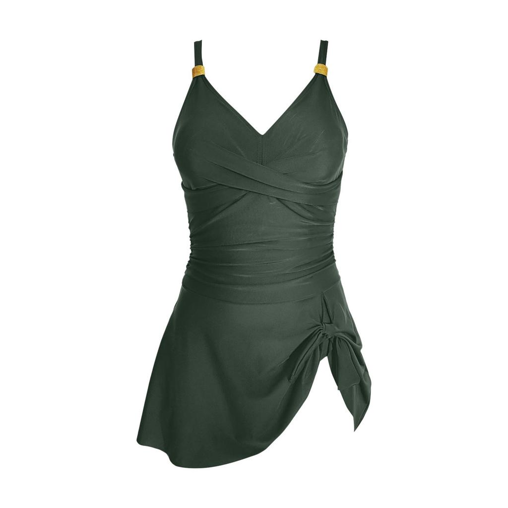 Women's One Piece Swimsuit Deep V Neck Cross Wrap Side Tie Bowknot Design Padded Wireless Swimwear with Skirted Bottom for Beach Pool