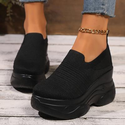 Heightening Thick Sole Fashionable Ladies Shoes  Autumn New Black Mesh Breathable Casual Slip-on Women's Vulcanized Shoes