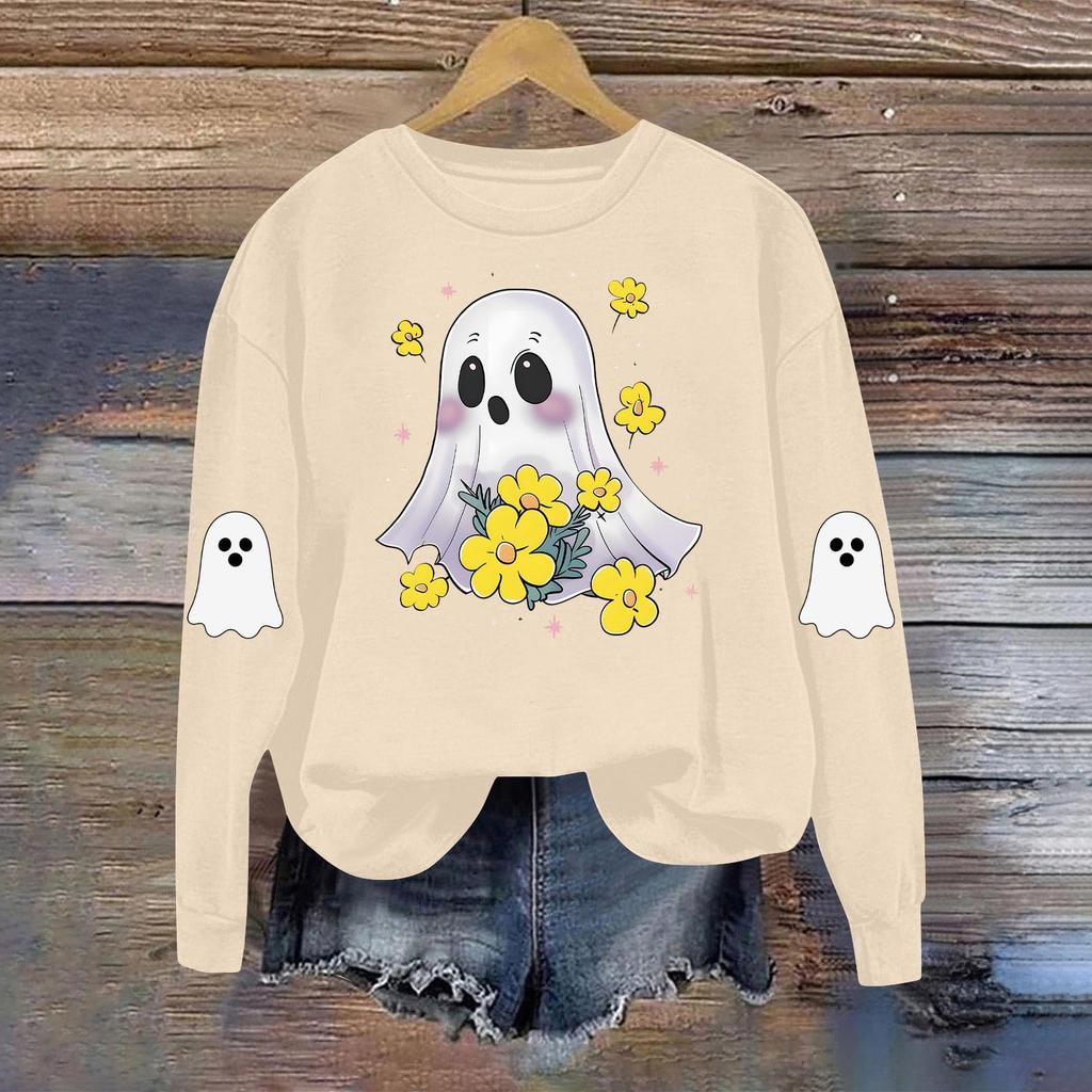 Women's Fashionable Casual Long-sleeved Halloween Printed Round-neck Top