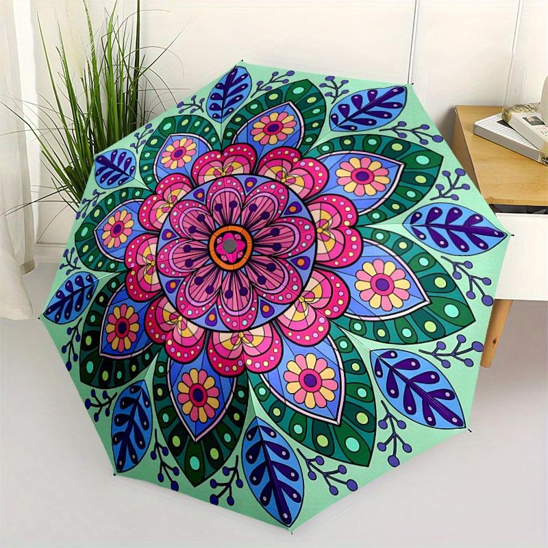 1pc Floral Mandala Design Automatic Opening/Closing Folding Umbrella with 32 Ribs, Plastic Handle, Windproof Portable Sunshade Umbrella y250726072