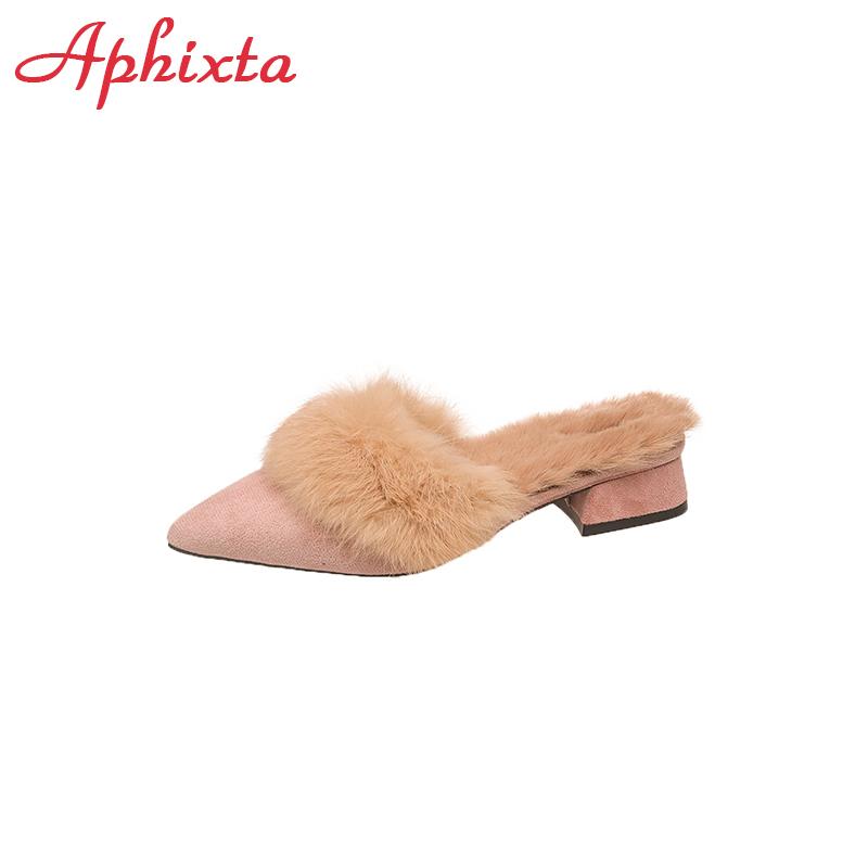 

Модные Aphixta Розовые Черные Теплые Тапочки из Натурального Кроличьего Меха Женская Обувь Зима Острый Носок 3 см Квадратный Каблук Женские Домашние Тапочки Размер 41 34 розовый