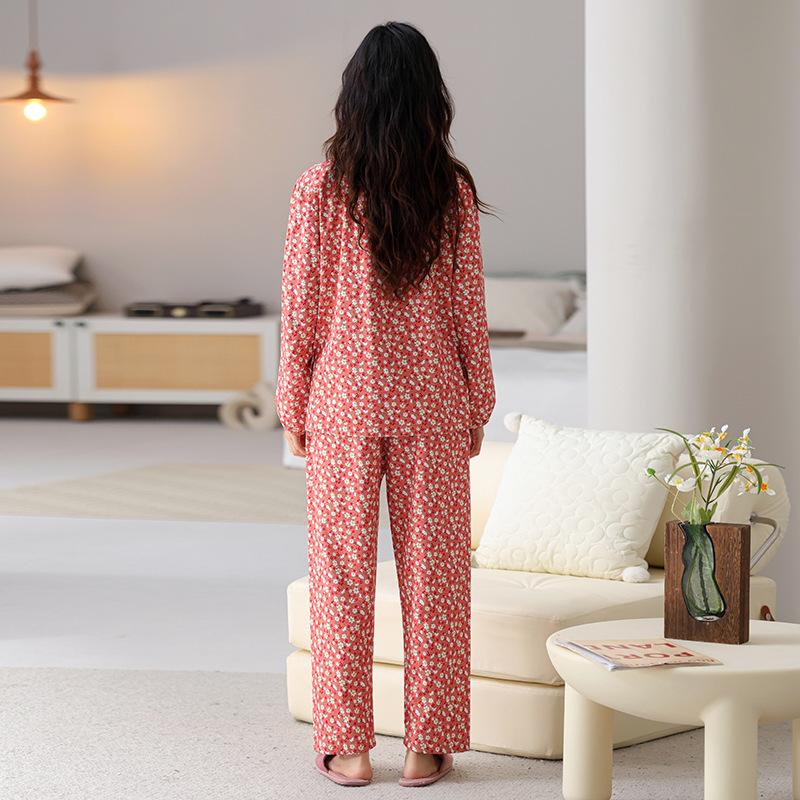 Pajamas Women's Spring and Autumn Woven Cotton Gauze Long-sleeved Small Floral 1011 New Pure Cotton Autumn Thin Loungewear