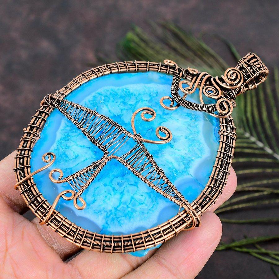 Aqua Solar Druzy Handmade Copper Wire Wrap Jewelry Pendant 4.33 Z7f89