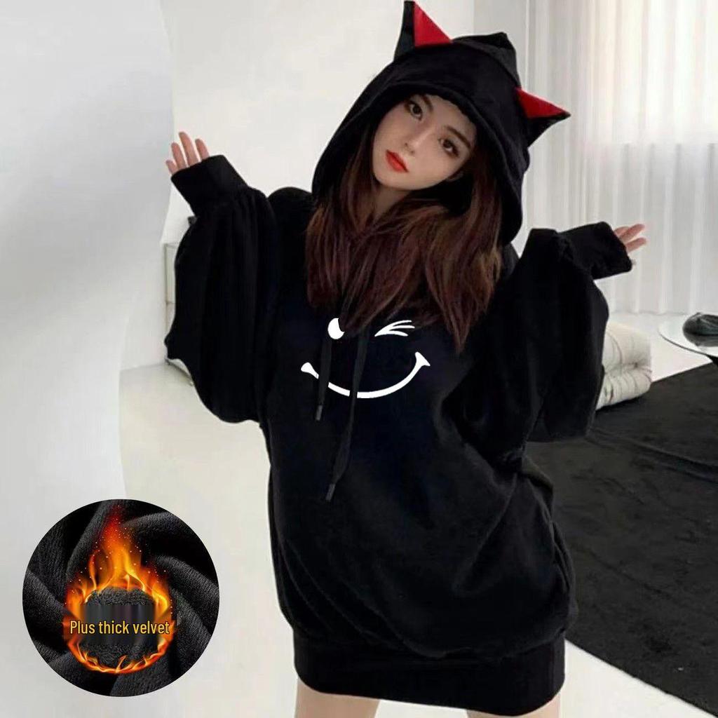 Autumn & Winter Velvet Cat Ear Hooded Sweatshirt - Korean Campus Style