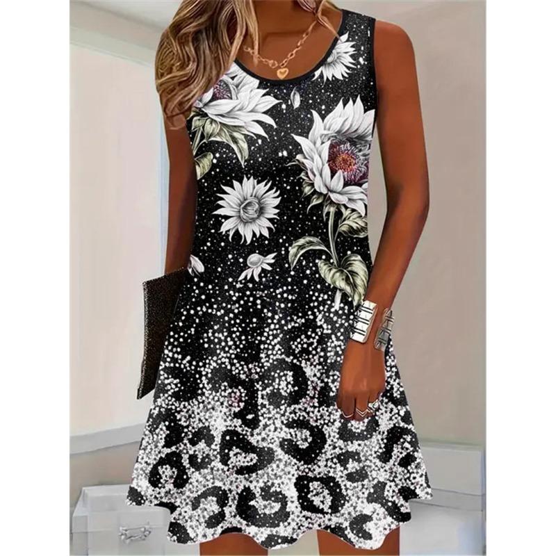 Sleeveless 3D Flower Printed Street Ladies Loose Dress