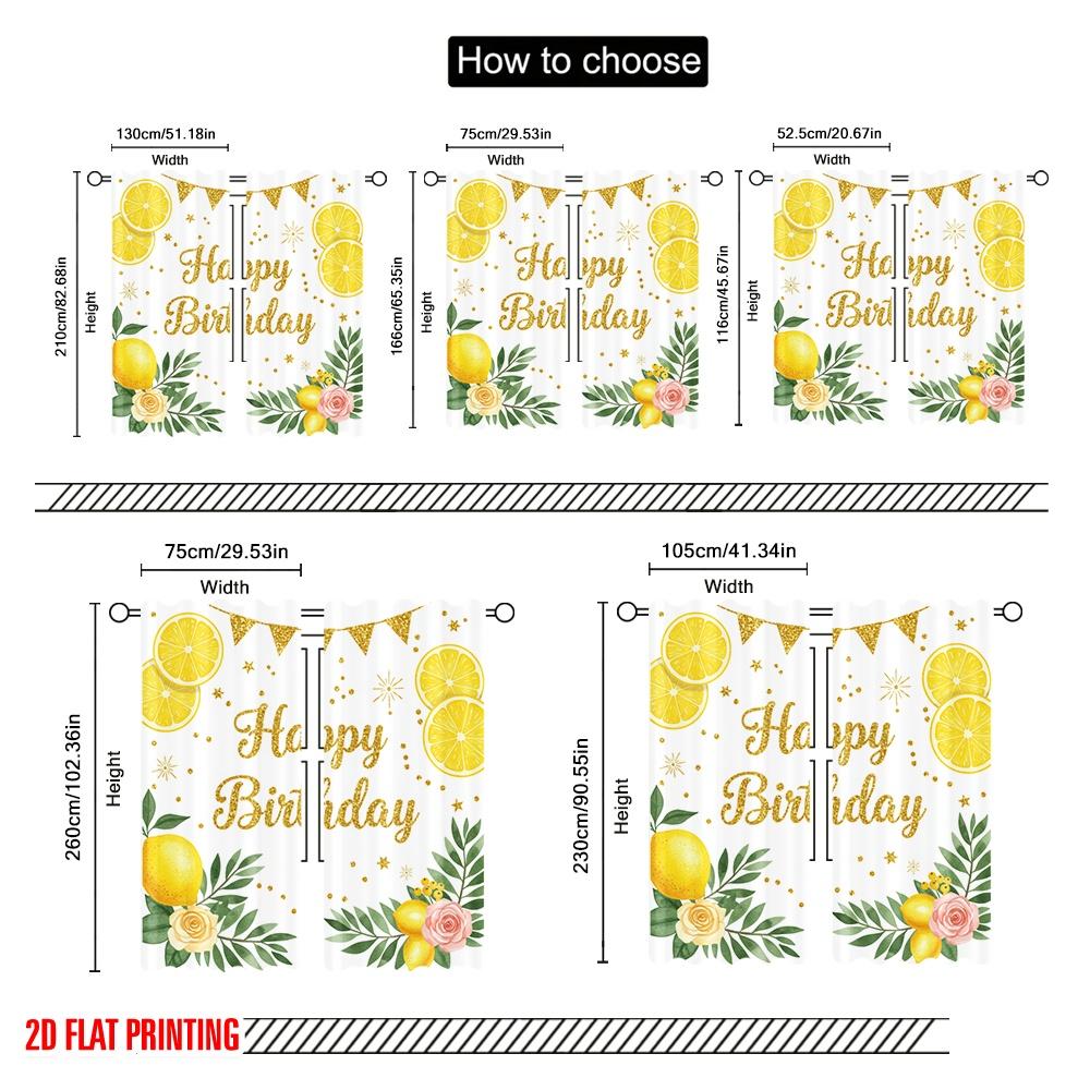 2pcs 2D flat printing Curtains Happy Birthday Lemon Party Fabric Without Electricity Festive Holiday for All Season celebrations
