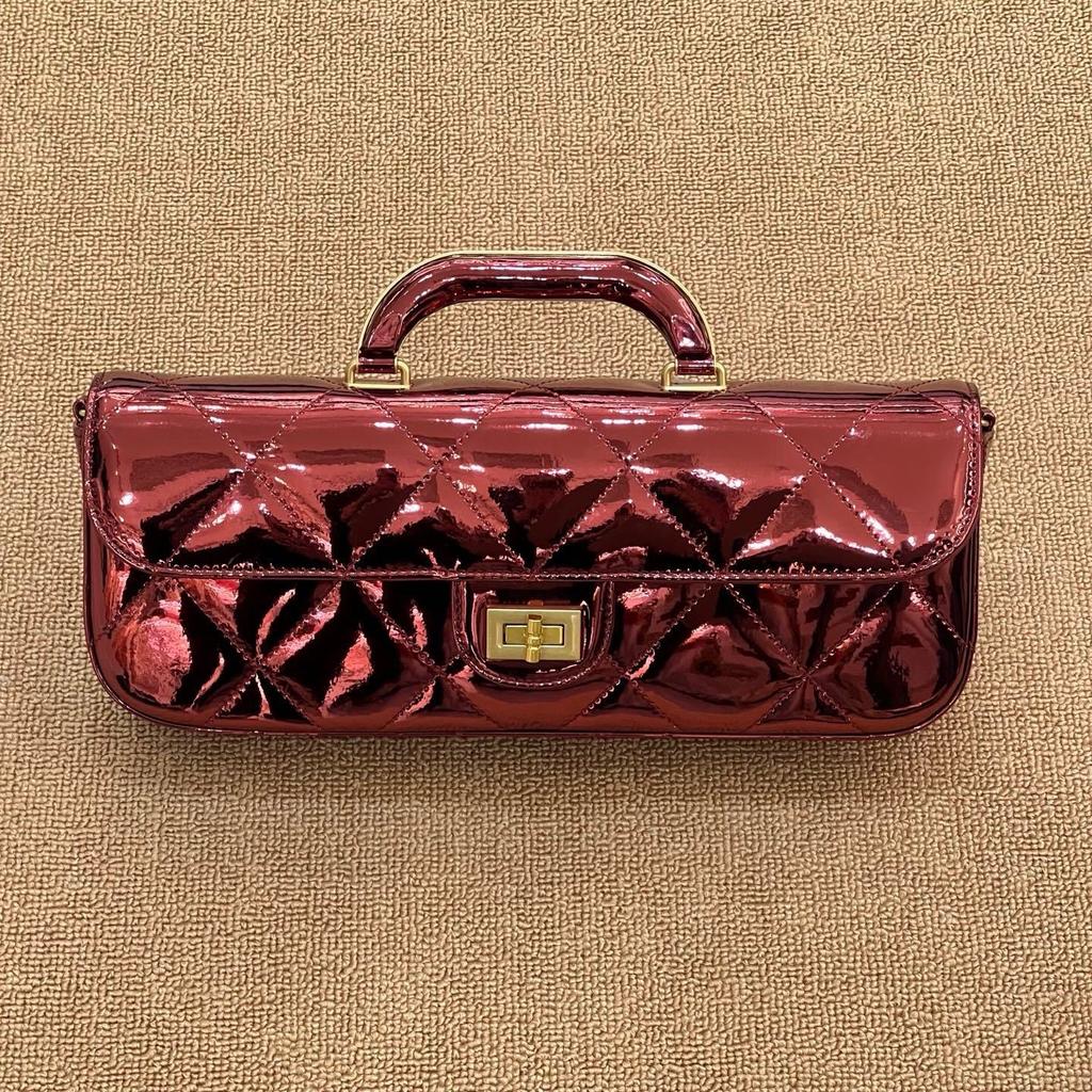 Mirror-finish Diamond Handle Flap Bag, Patent Leather Chain Bag, Handbag, Single Shoulder Crossbody Bag, Fashionable Top-grain Cowhide