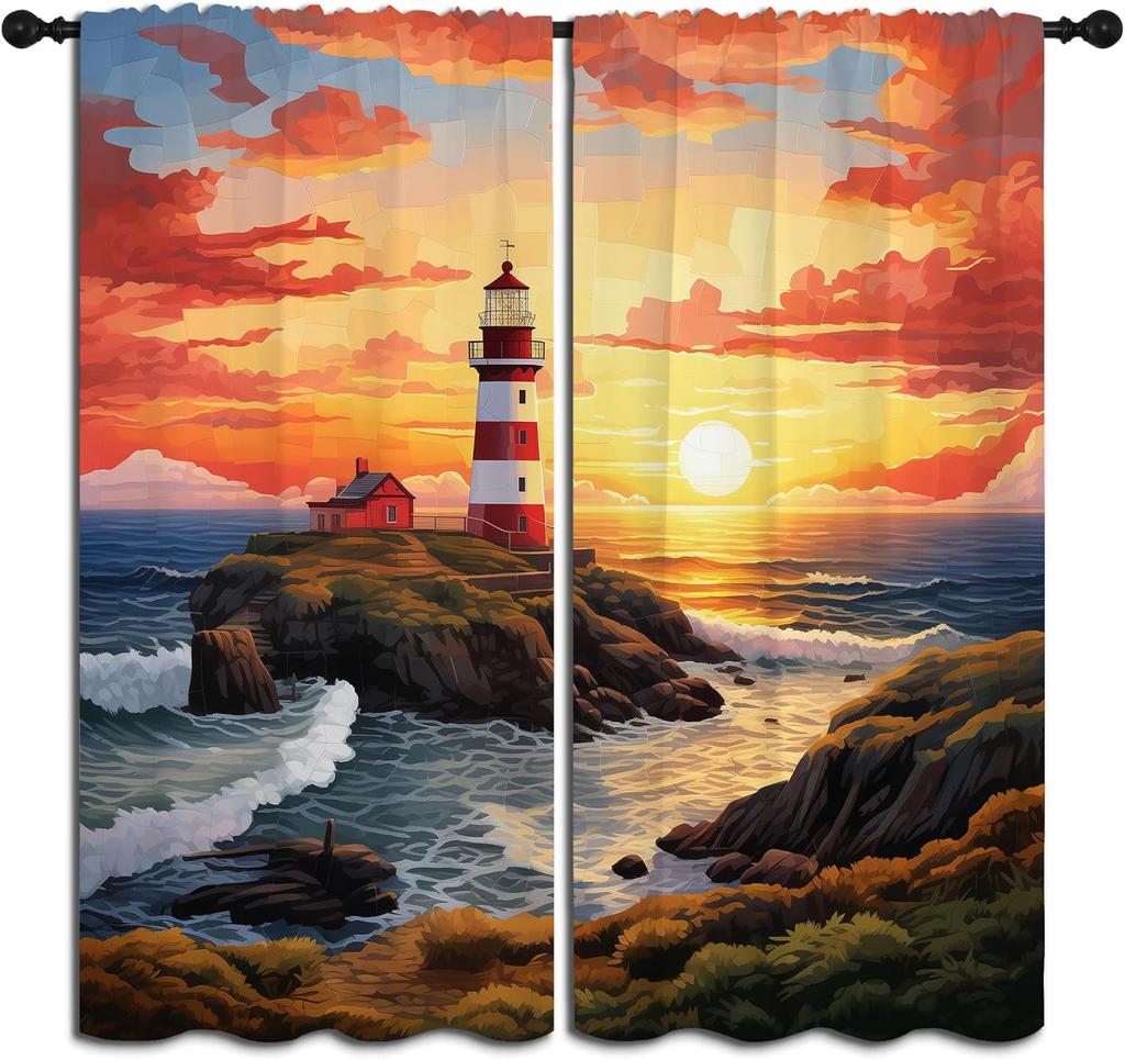 Nautical Lighthouse Rod Pocket Blackout Curta For Boy Girl Bedroom, Waves Seagull Blue Watercolor Art Thermal Insulated Home