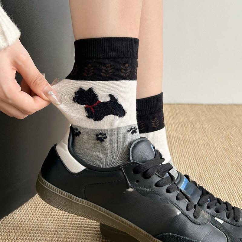 Retro Fair Island Puppy Socks, Women's Mid-calf Socks, Versatile for Spring and Autumn, Plush and Cute Pile Socks, Long Socks