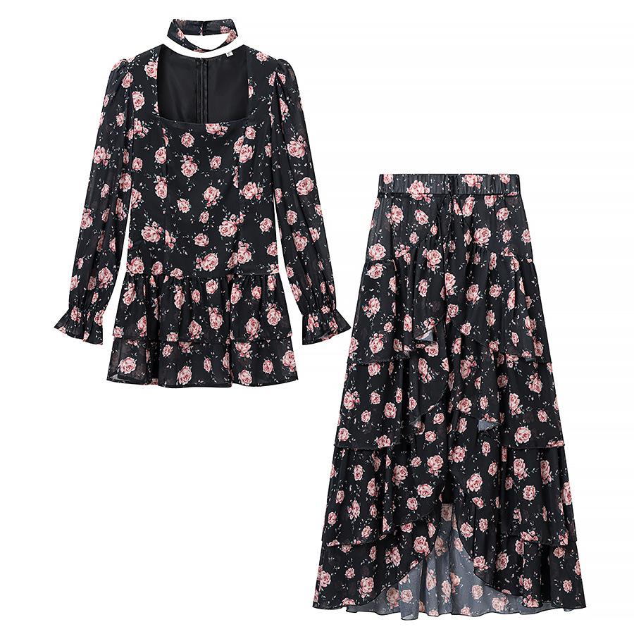 Summer women s chiffon short skirt elastic waist skirt summer skirt Korean version small fresh A-shaped skirt set S чёрный