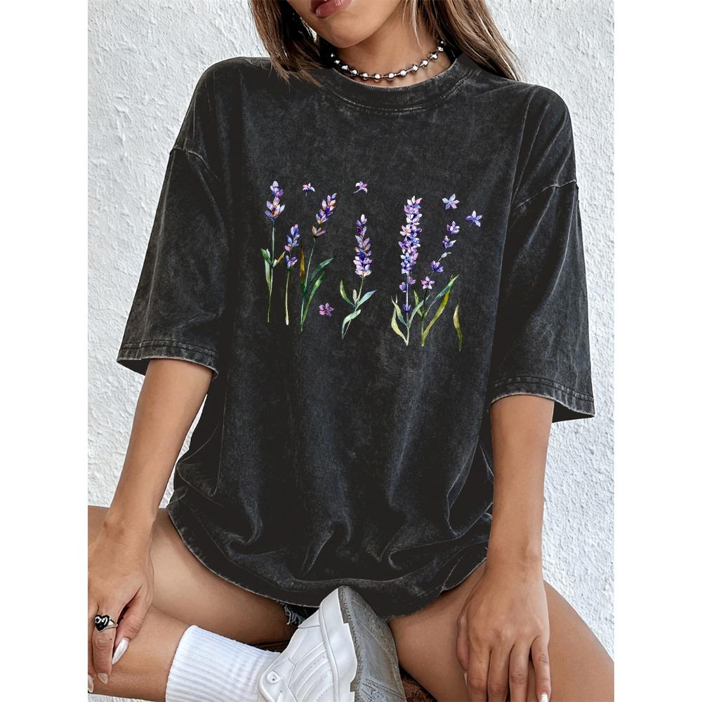 Fresh Lavender Flowers Printing Washed T-Shirts Womens Cotton Short Sleeve Tops Street O-Neck Oversize T Shirts Summer Clothes