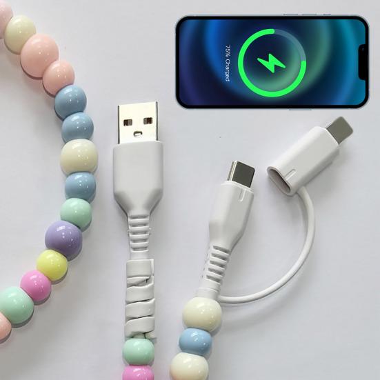 2-in-1 USB Cable Bead Design High-speed Data Transfer Cable with Type-C Connector Tangle-Free Charging Cord for Car And Travel