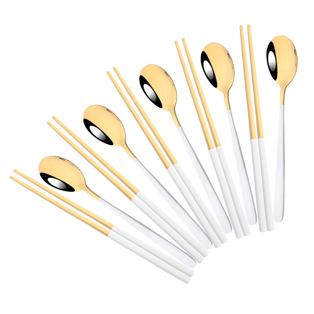 5Set Black Gold Portable Travel Cutlery Set Chopsticks Spoon 304 Stainless Steel Korean Dinnerware Set Luxury Tableware Set