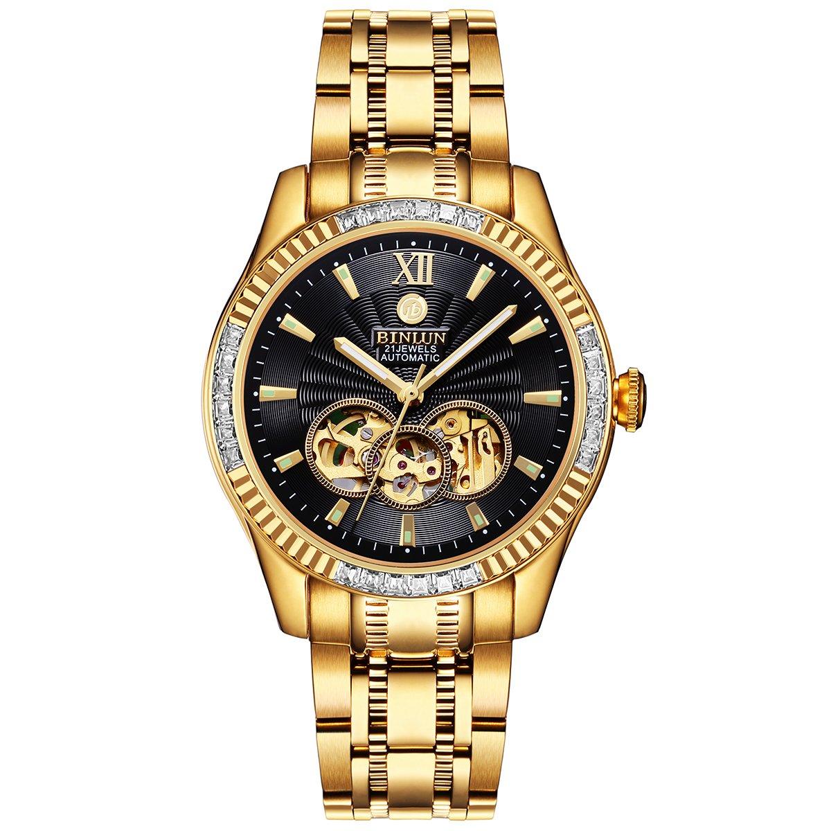 

BINLUN Men s Gold Automatic Watch Gold Mechanical Skeleton Business Watch Men s Waterproof Analog Stainless Steel Luxury Watch for Men [Product]