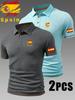 2pcs Spain Pattern Men's Outdoor Golf Casual Polo Shirt with Short Sleeves & Color Block, Men's Work Shirts for Business Casual for Spring and Summer