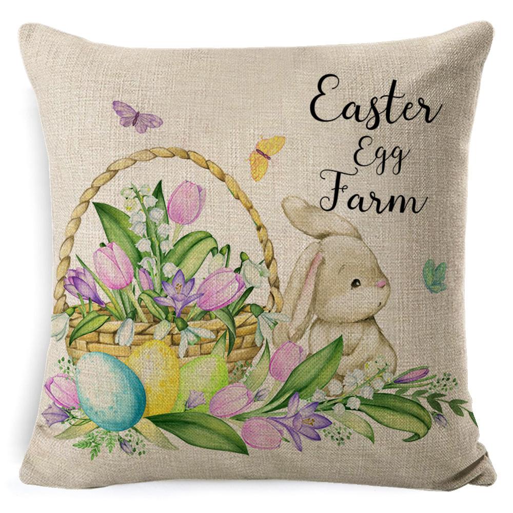 Cartoon Easter Pillow Cover Linen Watercolor Bunny Egg Home Sofa Cushion Cover