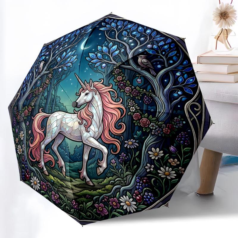 

1pc Sturdy 8-Bone Auto Umbrella, Sunlit Forest Unicorn Umbrella, Digital Printed, Foldable Umbrella for On-the-Go Outdoor Use