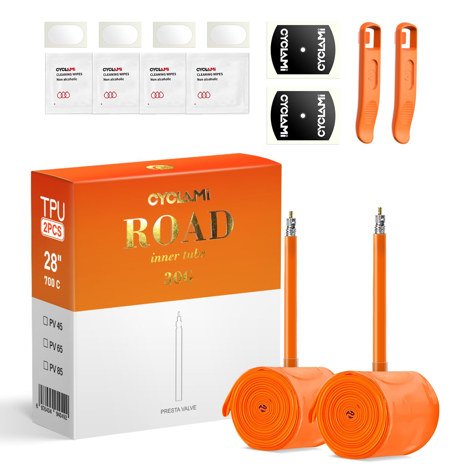 

Set of 2 CYCLAMI Ultra-Lightweight TPU Inner Tubes for 28-inch 700C Road Bike Tires, 700x18, 23, 25, 28, 30, 32c, French 65mm Valve Length