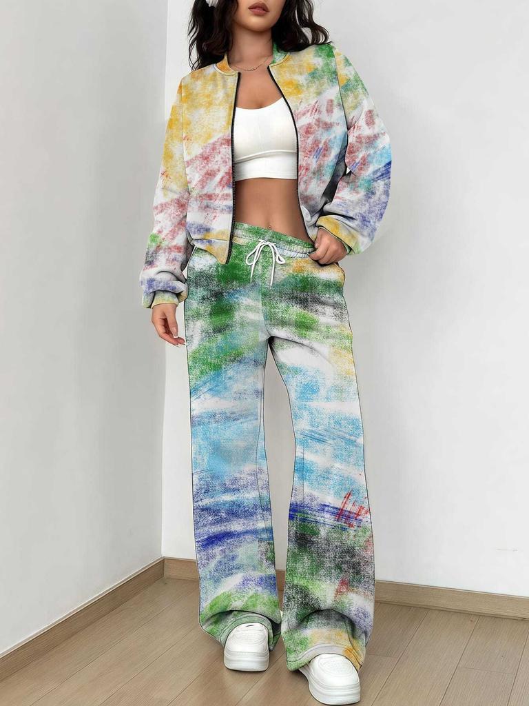 Color Tie-dye Autumn and Winter New European and American Women's Clothing Striped Printing Suit Women