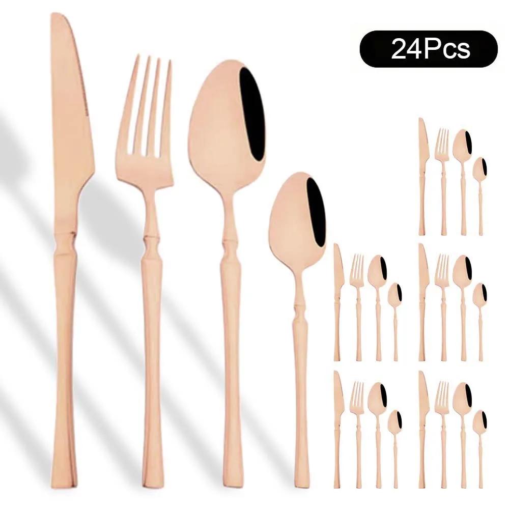 24Pcs Gold Tableware Sets Stainless Steel Cutlery Knife Tea Fork Coffee Spoon Flatware Dishwasher Safe Dinner Kitchen Dinnerware