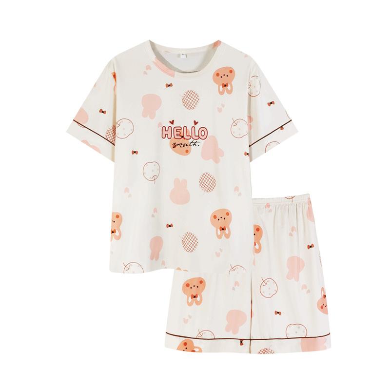 Sweet Girl's Pajamas Women's Summer Casual Round Neck Imitation Cotton Short-sleeved Suit Cute Age-reducing Women's Loungewear