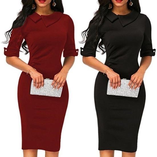 Ołówkowa sukienka midi z długimi rękawami Office Lady w jednolitym kolorze