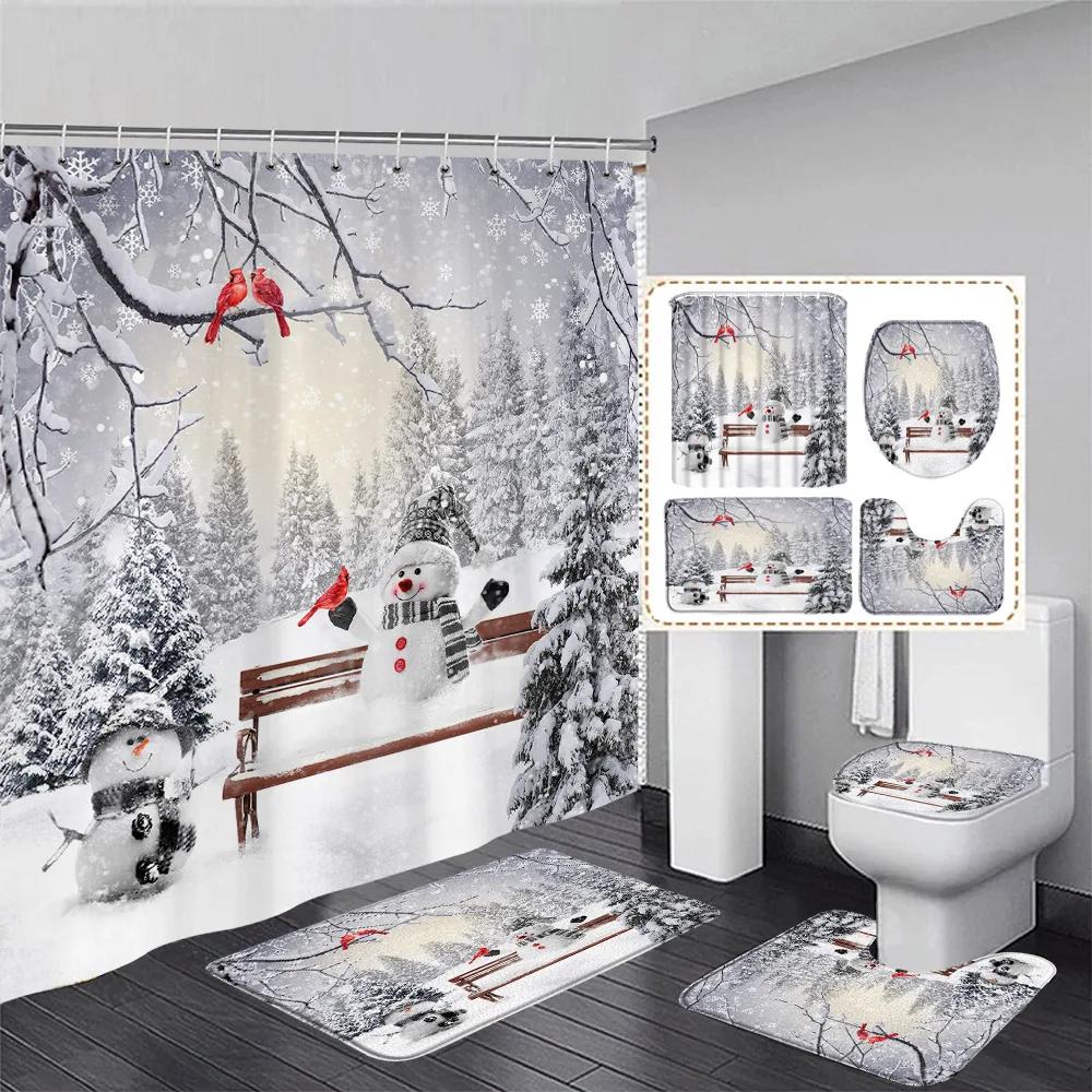Funny Snowman Shower Curtain Set Xmas Ball Silver Pine Branches Gift Christmas Home Bathroom Decor Rug Bath Mat Toilet Lid Cover