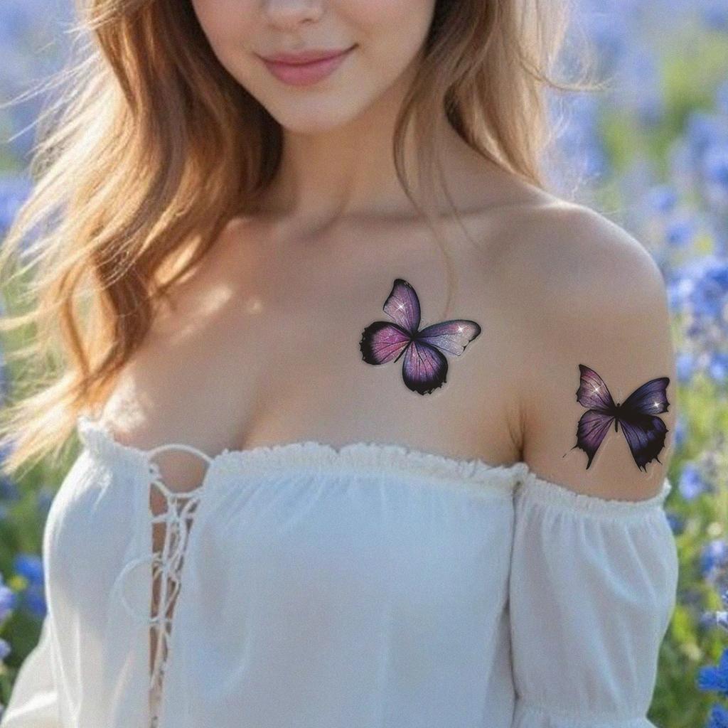 Purple And Black Gradual Change Glitter Butterfly Tattoo Sticker, Waterproof And Long-Lasting, Pure Desire Collarbone Sticker