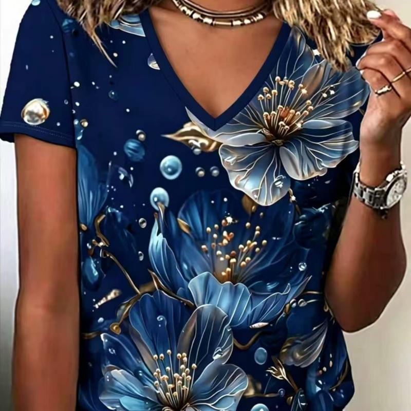 Summer Ladies 3D Printed V-Neck T-Shirt Fashion Versatile Breathable Trend Casual