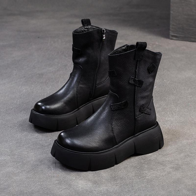 Johnature British Style Thick Soled Genuine Leather Mid-calf Boots Versatile Women's Flat Platform Shoes