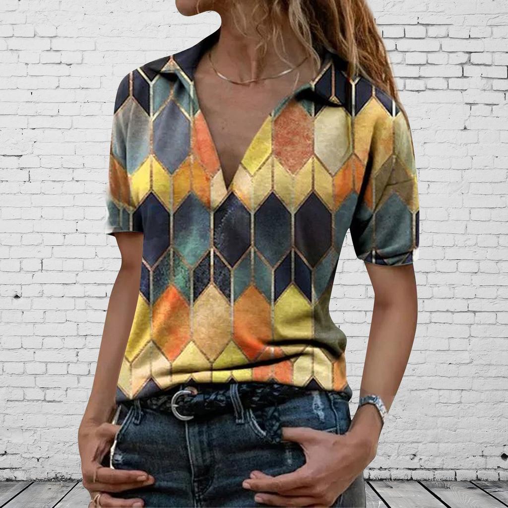 Fashion Women's Summer Printed Short Sleeve Lapel Collar T-Shirt Casual Tee Tops