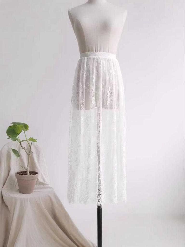 2025 Autumn/Winter French Retro Lace High-Waisted See-Through Slimming Loose Midi Skirt for Women