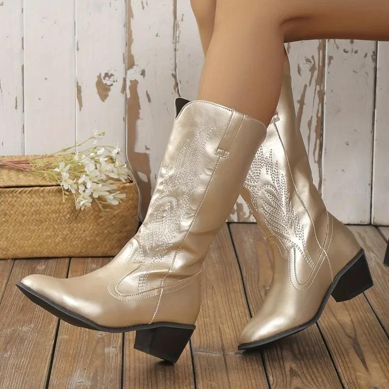 Women's Boots 2025 High Quality Slip On Ladies Shoes On Sale Winter Pointed Toe Solid Mid-Calf Chunky Heels Zapatillas De Mujer