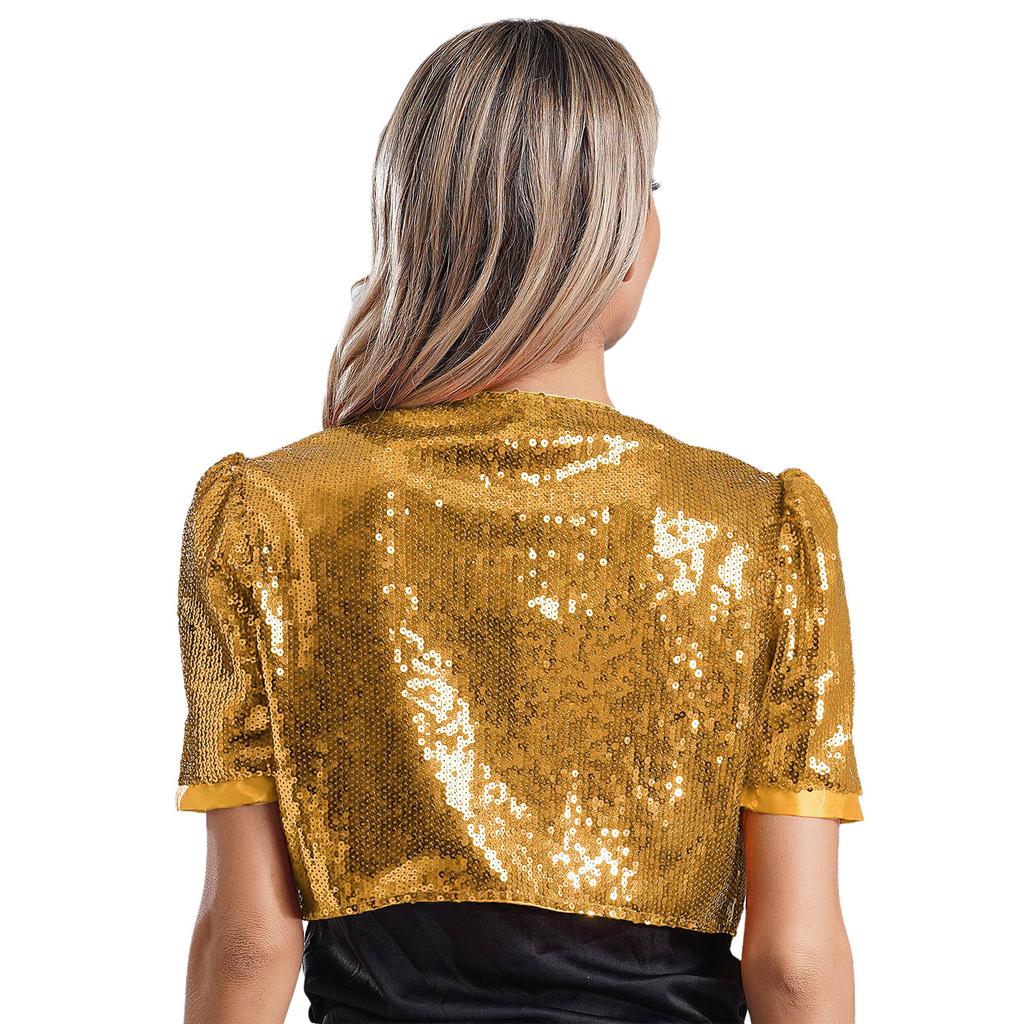 Women Glitter Sequin Cardigan Cropped Jacket Short Sleeve Open Front Fully Lined Stylish Club Cover Up