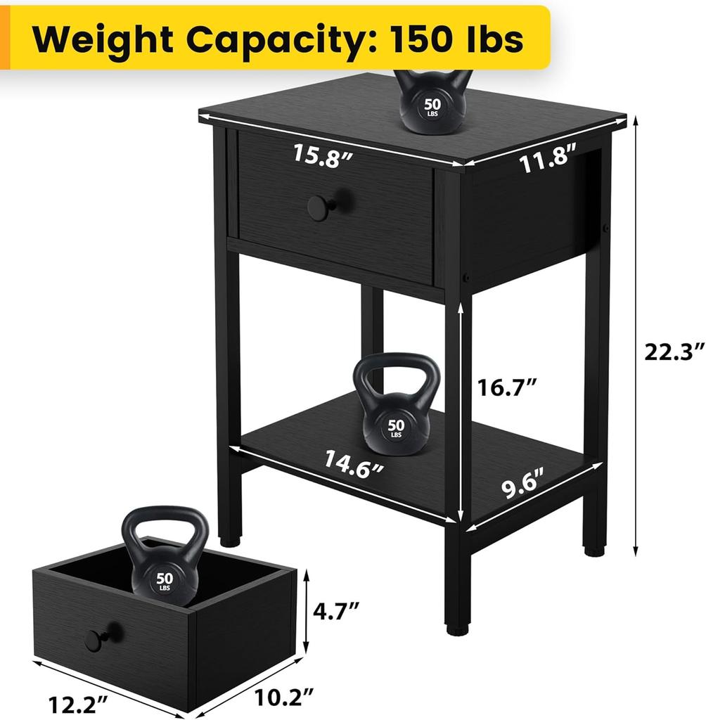Set of 2 Nightstands with Drawers and Shelf, Black Wood Metal Bedside Tables, Easy Assembly, for Bedroom Living Room