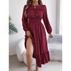 Autumn and Winter Casual Elegant Solid Color Round Neck Long Sleeved Waist Cinched Lotus Leaf Edge Dress Women Clothing