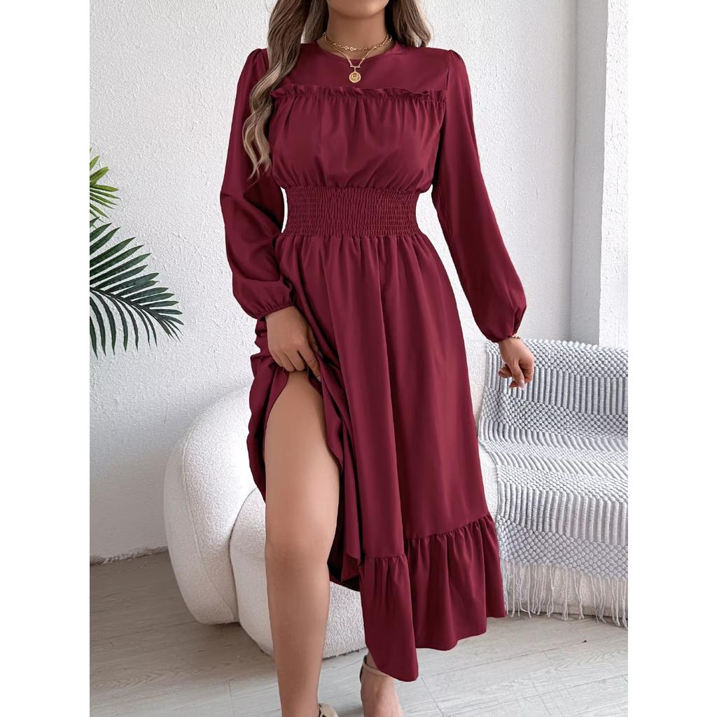 Autumn and Winter Casual Elegant Solid Color Round Neck Long Sleeved Waist Cinched Lotus Leaf Edge Dress Women Clothing