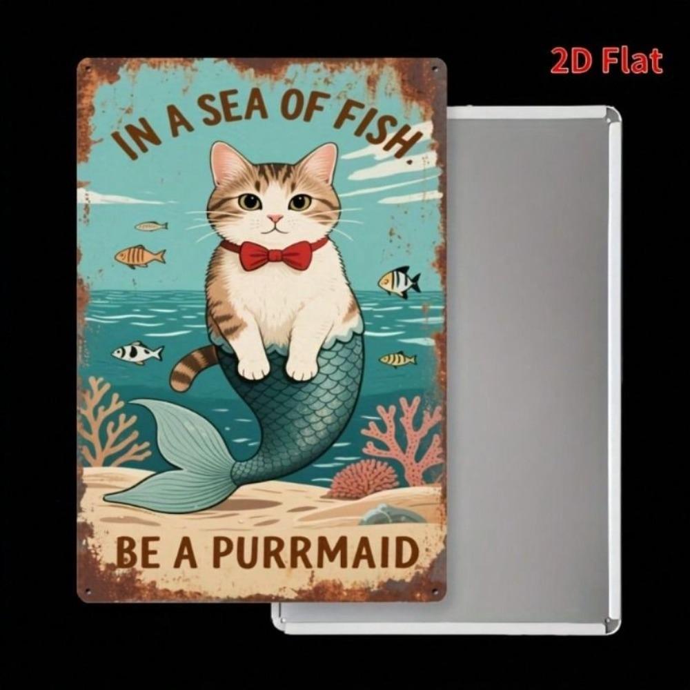 Metal Wall Art Cat Mermaid Vintage Sign Home Decor 7.8x11.8 inch